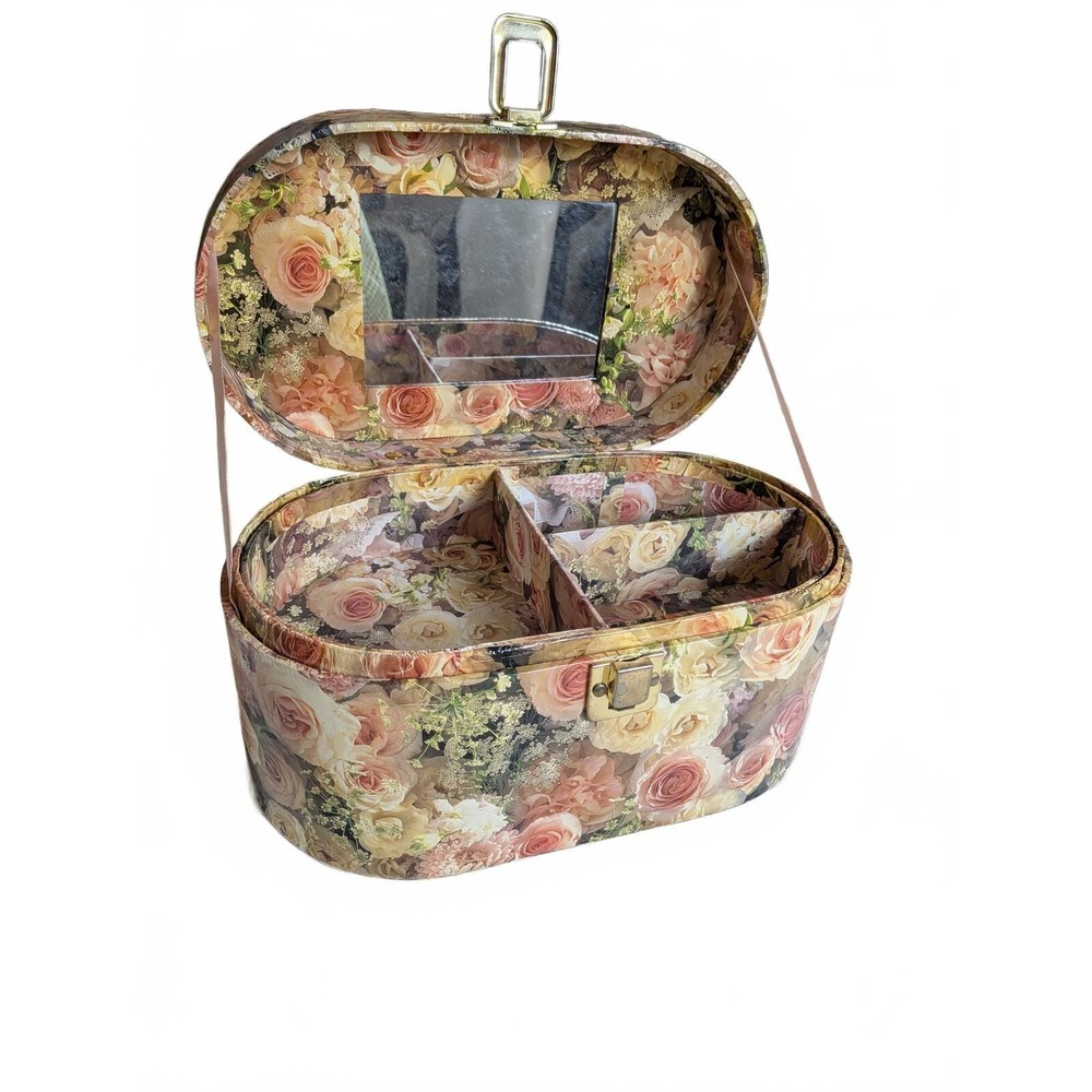 Vintage 90s Floral Decoupage Rose Print Storage Train Case Cottage Core